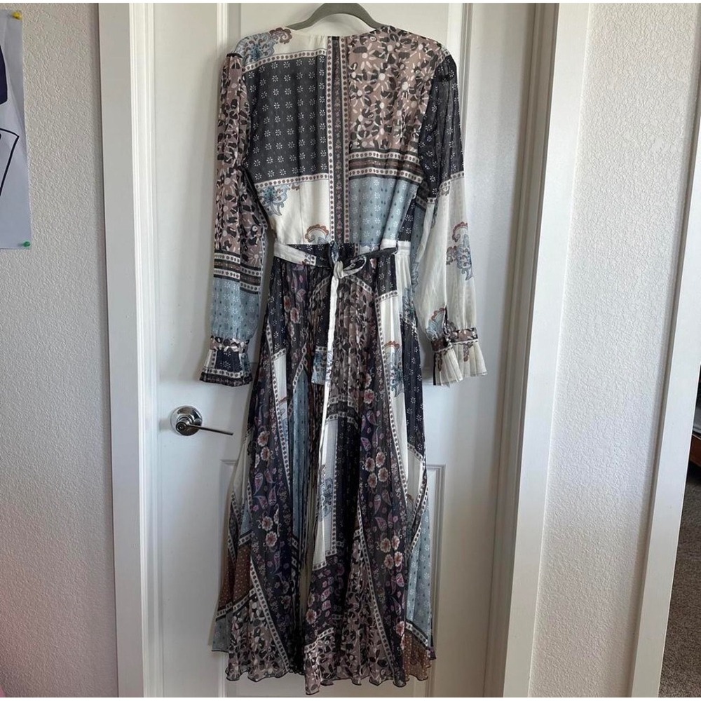 H&M Mismatched Patchwork Pleated Maxi Dress Blue White Paisley Floral Wrap 12 - Picture 9 of 11
